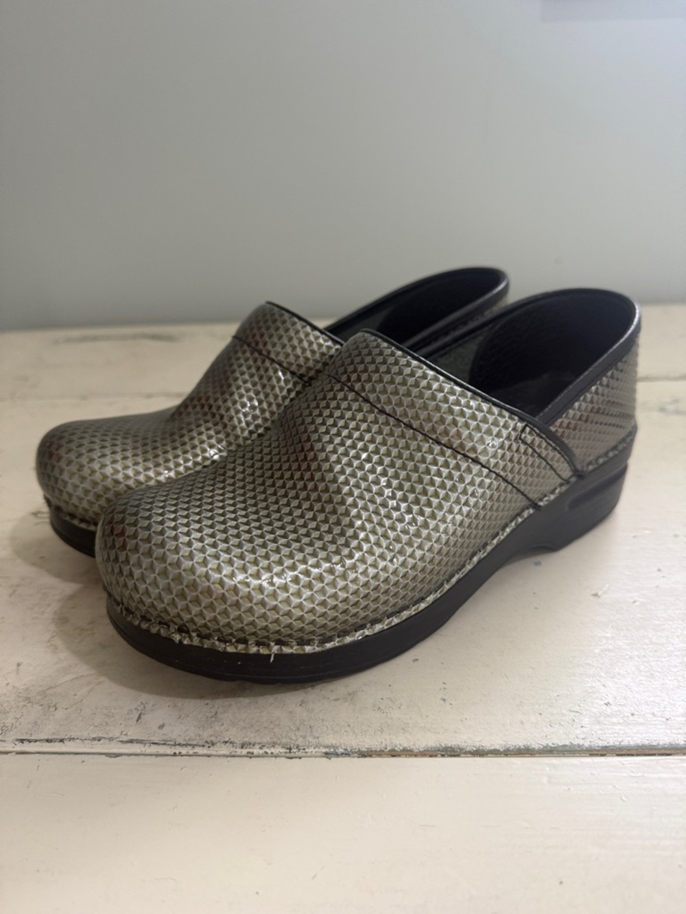 Dansko Metallic Silver Textured Leather Clogs